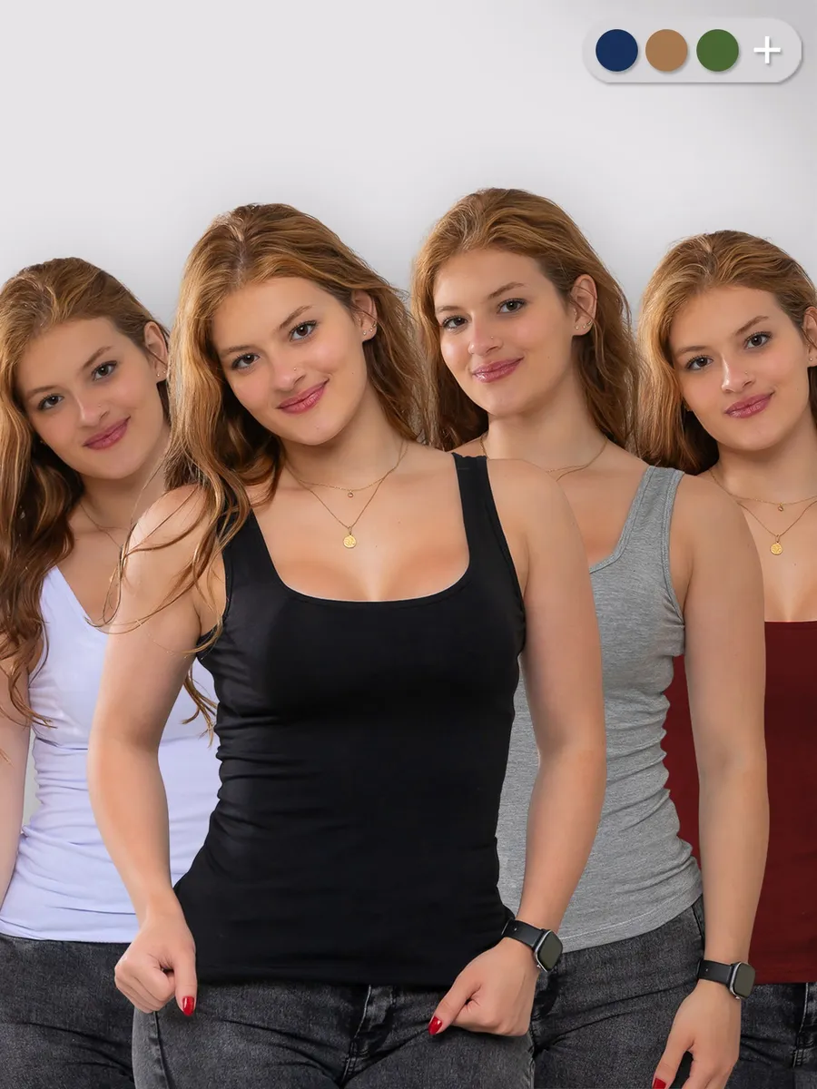 kit 4 blusas regata básica feminina alça larga grossa lisa